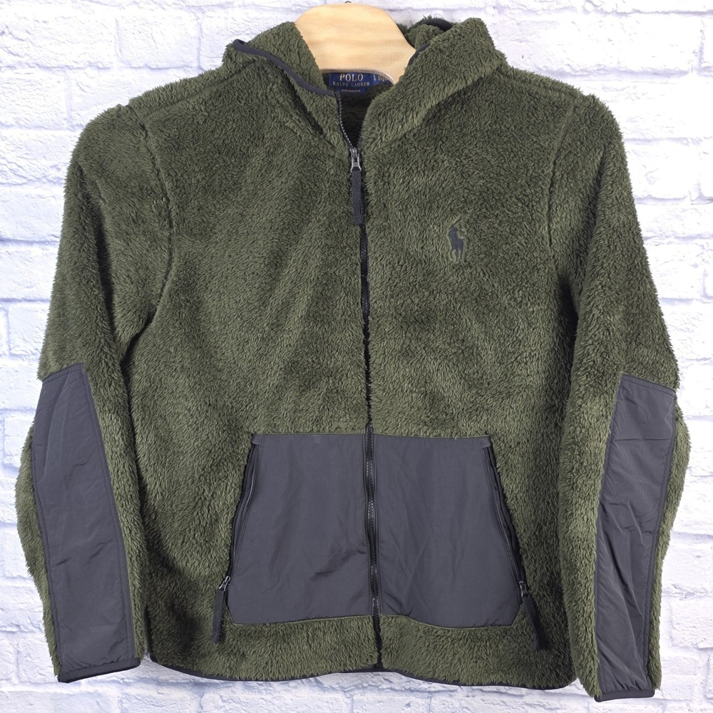Polo Ralph Lauren Performance Olive Green Hooded Fleece‎ Retro Pile Jacket Large